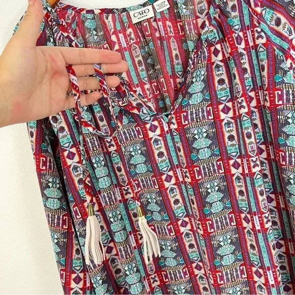 2/$25 CATO Red Bohemian Boho Tribal Western Lightweight Business Casual Blouse - Picture 9 of 14